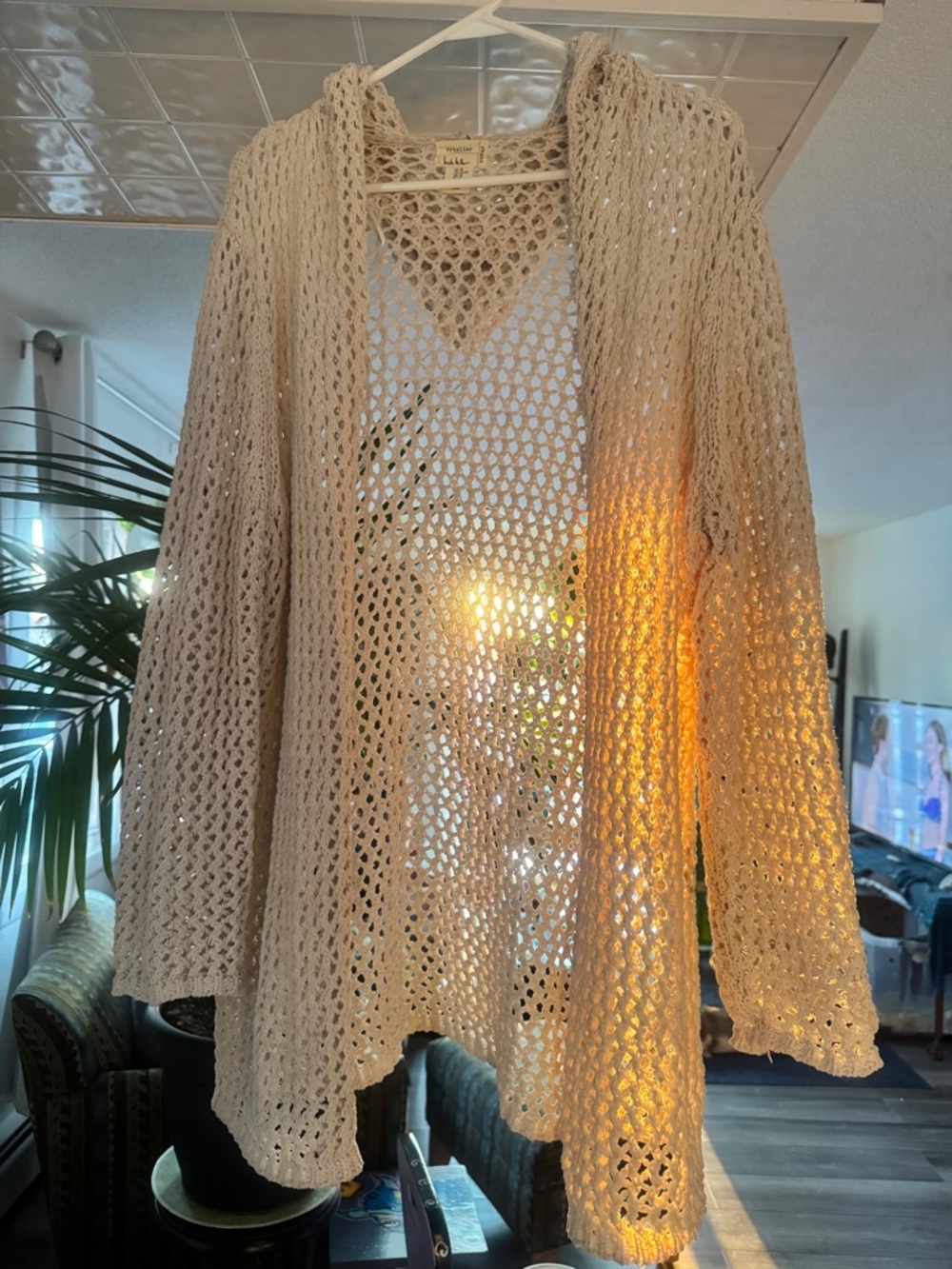 Nicole Miller Artelier Open Knit Hooded Cardigan - Cream Boho Duster - XL